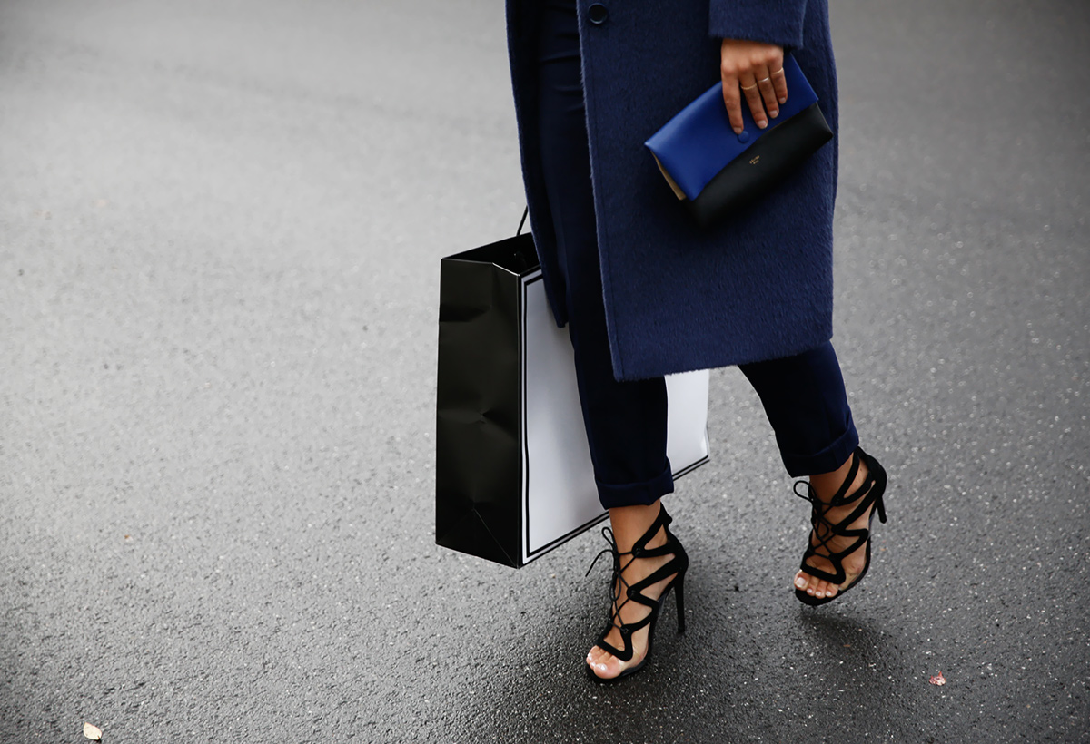 crossing the street in heels with shopping bag and celine purse