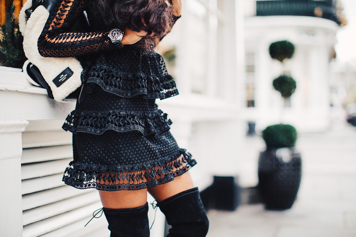 how to wear a black lace dress with thigh high boots