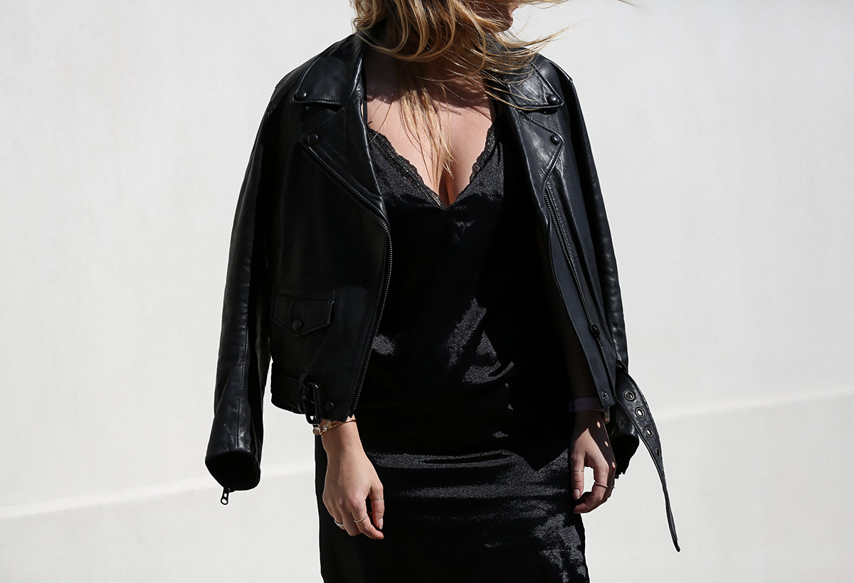 Blogger Lisa Hamilton from See Want Shop styling a lace bodysuit with an Acne Studios leather jacket
