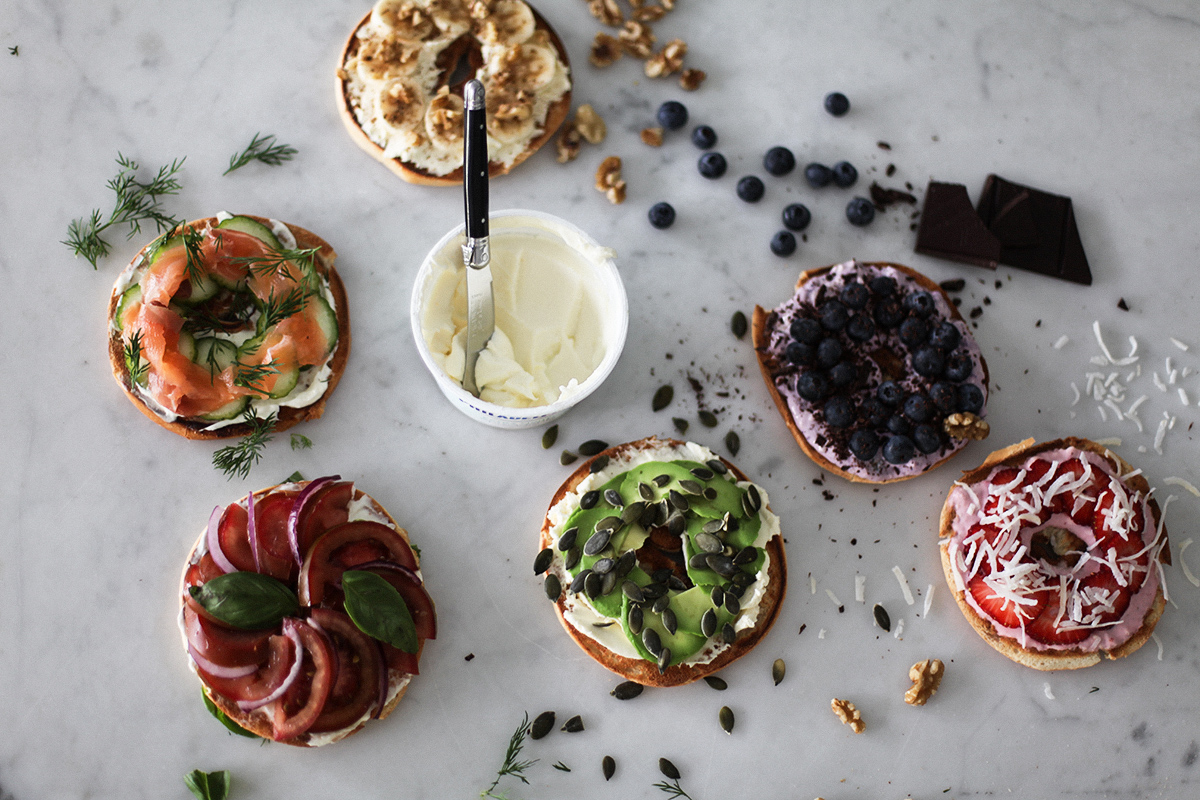 Health blogger Lisa Hamilton from See Want Shop creating savoury and sweet healthy bagel toppings with Philadelphia cream cheese
