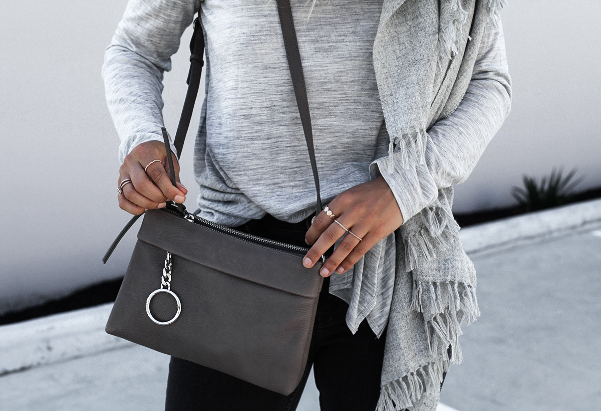 Style blogger Lisa Hamilton from See Want Shop wearing Country Road grey knit & cross body bag